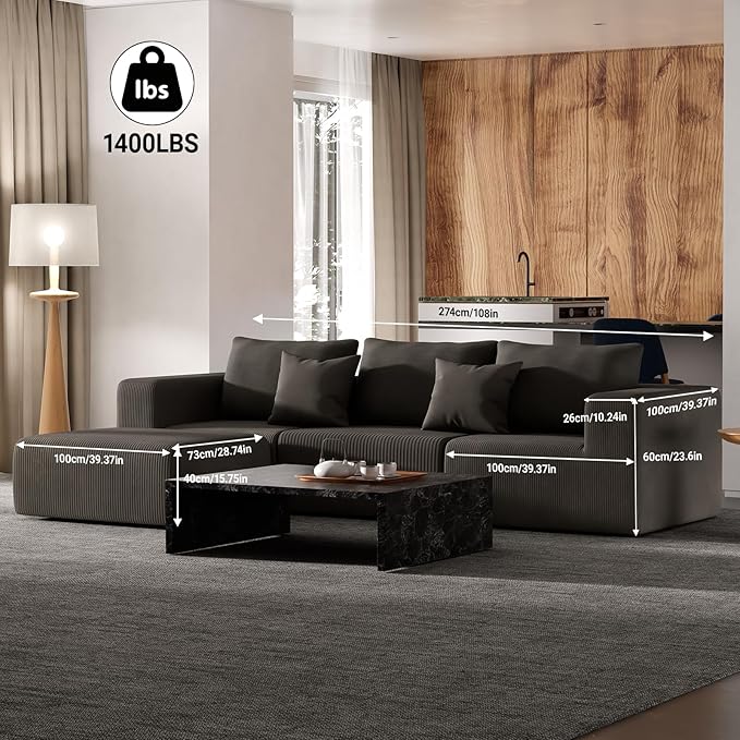 108‘’ L-Shaped Modular Sectional Couches for Living Room Bedroom, Oversized 3 Seater Sofa Boneless with Deep Seat, Ottoman No Assembly (Brown)