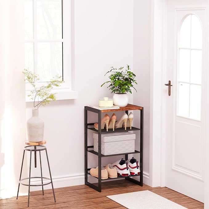 CHEMPFR Narrow 4-Tier Shoe Rack, Slim Space-Saving Shelf with Decorative Wood Top & Steel Mesh, Entryway/Closet/Dorm Organizer, 16.5x11.8x27.9 Inches - Image 6