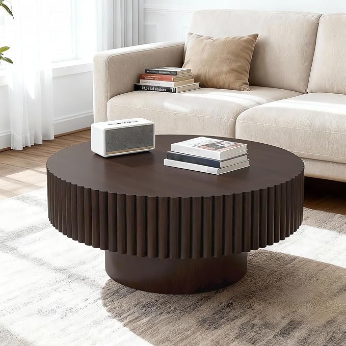 Rovibek Fluted Round Coffee Table, Wooden Coffee Table with Fluted Base, 31.5" Circle Living Room Table for Living Room Apartment Office Small Space, Easy Assembly, Brown