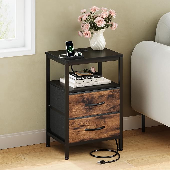 DUMOS Nightstand with Charging Station Built in USB Ports and AC Outlets Bedside Table with Adjustable Fabric Drawer and Open Shelf Modern End Table for Bedroom,Black and Brown - Image 2