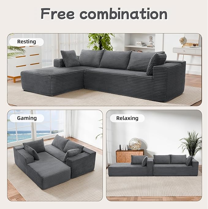 Cloud Sectional Couch, 105” Fluffy Modular L-Shape Sofa with Right Chaise Lounge, Modular Sectional Sofa in a Box, Boneless Couch for Living Room, No Assembly Required, Flannel Gray