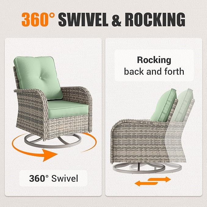 15-Piece Outdoor Patio Furniture Set with Rocking Swivel Chair, Wicker Rattan Sectional Sofa Conversation Set with Tempered Glass Table with Ottomans, Backyard Furniture, Light Green