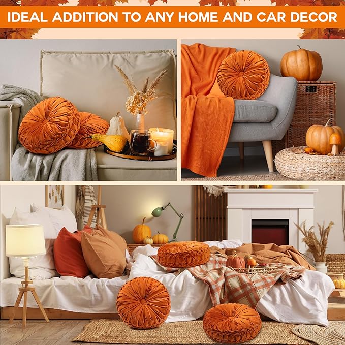 Beeveer 2 Pcs Round Throw Pillows 15 Inch Decorative Velvet Pleated Pumpkin Pillows Boho Floor Pillow with Center Button for Living Room Couch Chair Bed Sofa Home Decoration (Orange)