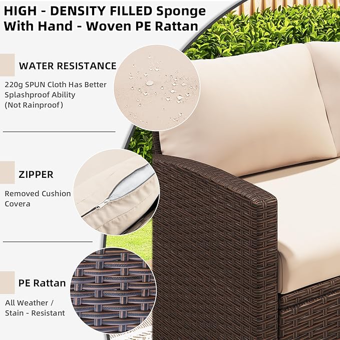 AECOJOY Outdoor Patio Furniture Set, 7 Pieces Clearance Sectional Rattan Dining Table&Chairs, All Weather Wicker Conversation Sofa Couch with Ottoman, Khaki Cushions&Brown Rattan
