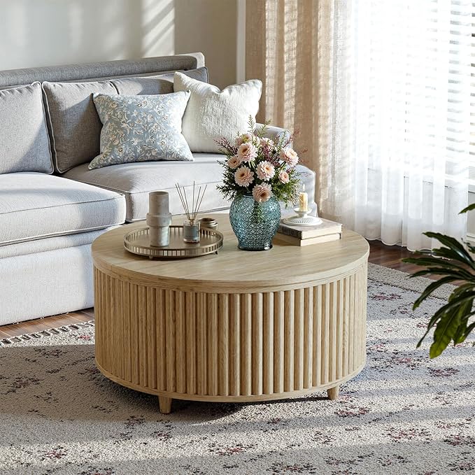 Evermagin 31.5'' Walnut Round Coffee Table, Fluted Lift Top Coffee Table with Large Storage, Mid Century Modern Small Center Table for Living Room