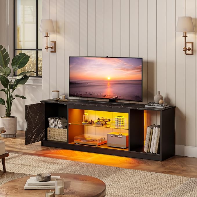 Bestier LED TV Stand for 55/60/65 Inch TV, Gaming Entertainment Center with Cabinet for PS5, Xbox,Modern TV Cabinet with Adjustable Glass Shelves for Living Room, Bedroom 57 Inch,Black Marble - Image 8