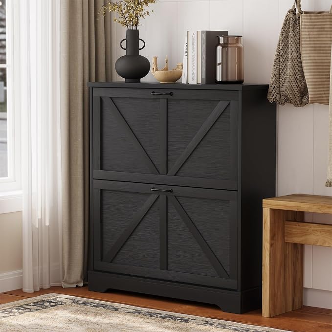 Semiocthome Farmhouse Shoe Storage Cabinet with 2 Flip Drawers, 31.5"(W) Freestanding Shoe Organizer with Barn Door and Metal Handles for Entryway, Corner Rustic Narrow Shoe Rack Cabinet - Black by Semiocthome