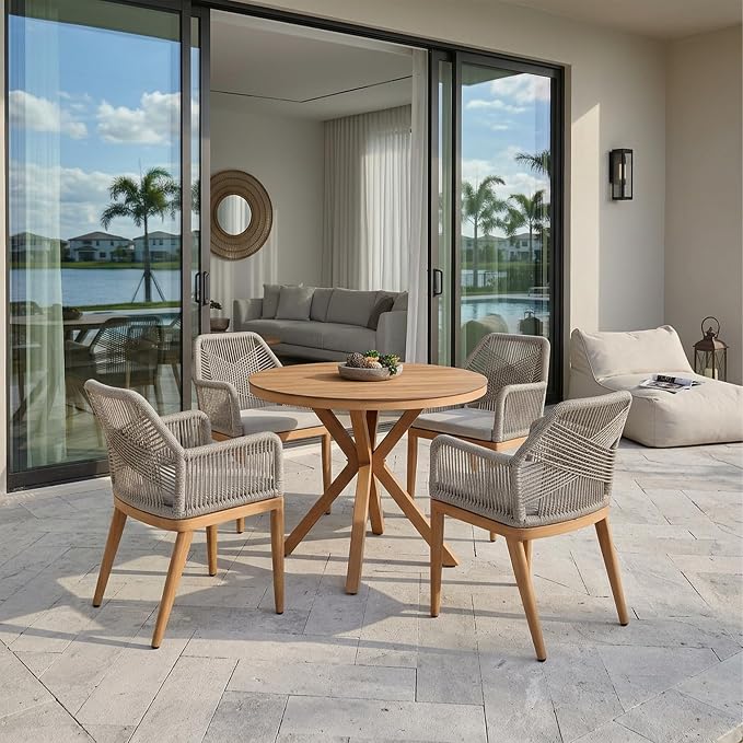 PURPLE LEAF 5 Pieces Patio Round Dining Set Aluminum Round Table and Rattan Arm Chairs with Cushions for Kitchen Porch Garden Modern Outdoor Furniture Sets, Teak by PURPLELEAF