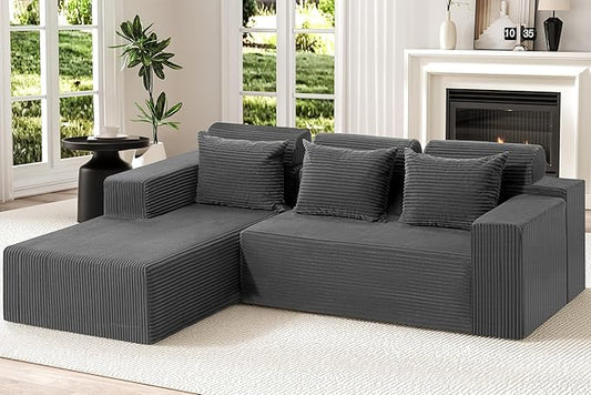 Homguava Modular Sectional Couches for Living Room,105" Cloud Couch with L-Shape Chaise,Comfy Sofa Living Room Sofas with Deep Seat,No Assembly L Couch,Corduroy Fabric(Grey,L)