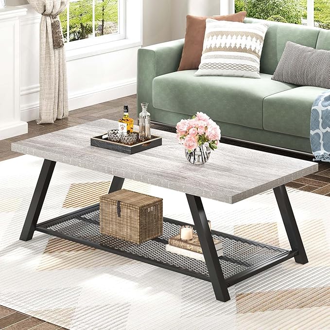 FOLUBAN Industrial Coffee Tables for Living Room with Storage, Rustic Wood and Metal Coffee Table, Modern Rectangle Center Cocktail Tea Table, Light Grey, 47 Inch
