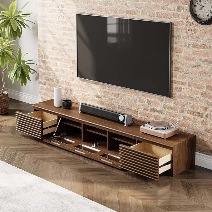 POVISON Wood Media Console, 94.48" Mid-Century Modern TV Stand with Storage, Assembly-Free Slatted TV Cabinet with Customized Compartments & Solid Pinewood Drawer - Image 3