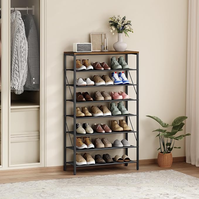 MAHANCRIS 8 Tier Shoe Rack Organizer for Closet, Holds 28-32 Pairs, Tall Metal Shoe Storage Shelf for Entryway Bedroom, Sturdy Freestanding Shoe Rack Space Saving, Large Capacity, Rustic Brown - Image 7