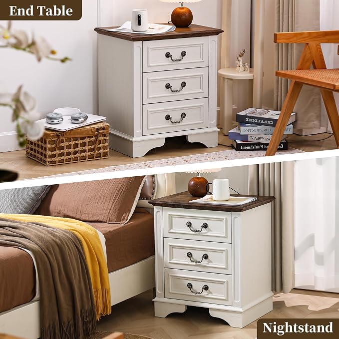 Farmhouse Night Stand with Charging Station, Bedside Table with 3 Drawers Storage and Outlets, Wood Nightstand for Bedroom, Living Room, Closet (White) - Image 6