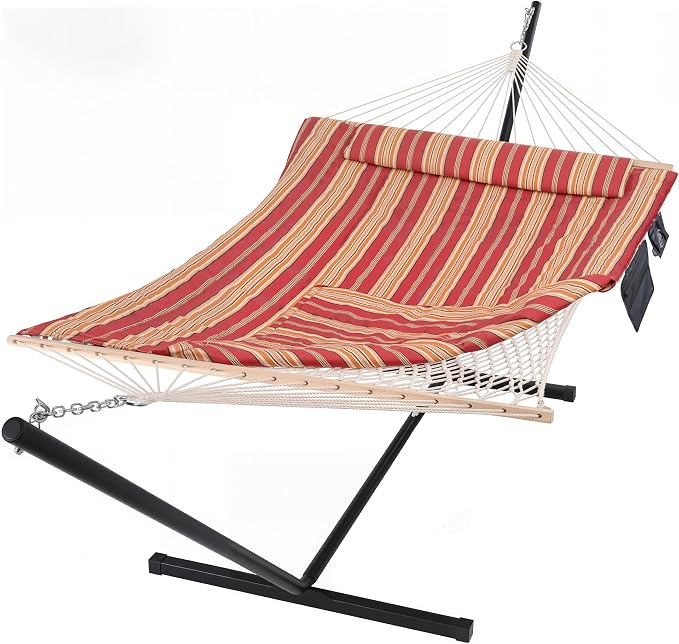 SUNCREAT Hammocks Portable Hammock with Stand, Hammock with Stand 2 Person Heavy Duty for Bedroom, Backyard, Patio, Balcony, Red Stripe by SUNCREAT