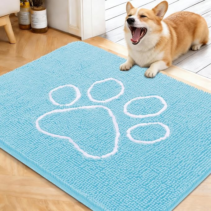 OLANLY Dog Door Mat for Muddy Paws 40x32, Paw Print Design, Absorbs Moisture and Dirt, Absorbent Non-Slip Washable Doormat, Quick Dry Chenille Mud Mat for Dogs, Entry Indoor Entryway Carpet, Blue by OLANLY