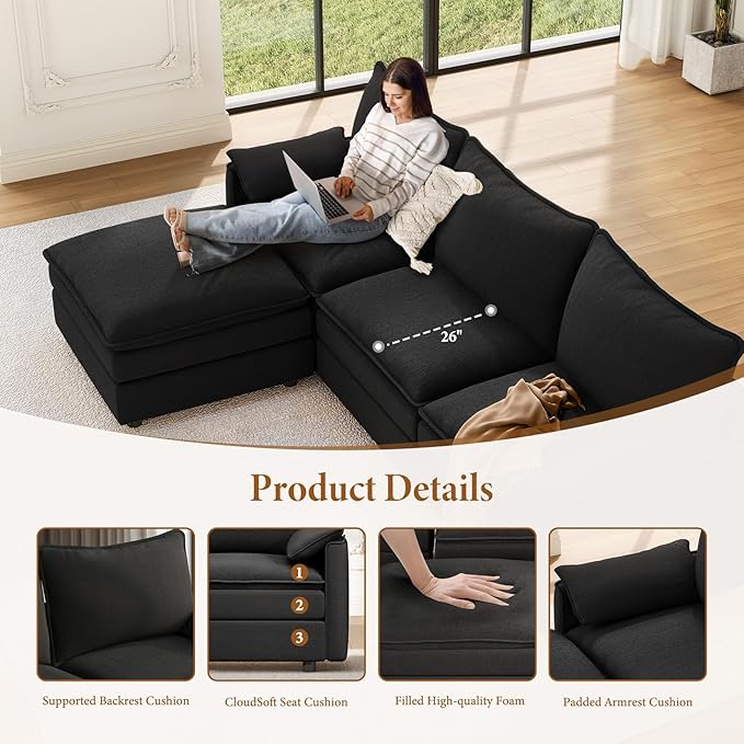 Vesgantti 108" Modular Sectional Sofa, Comfy Cloud Couch with Flexible Ottoman Deep Seat Chenille L Shaped Modular Sofa, Sectional Couches for Living Room, Bedroom and Apartment, Black