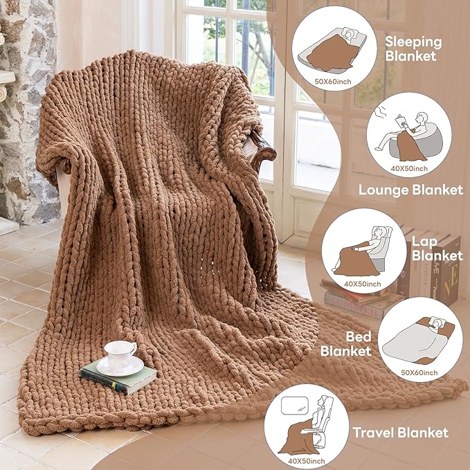 Chunky Knit Blanket - Luxury Soft Cozy 40 * 50 Throw Blanket,100% Woven Blanket Rope Knot Throw Blanket for Couch, Sofa, Home Decor, Gift - Machine Washable (Brown, 40 * 50)