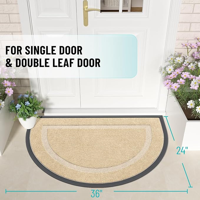 OLANLY Half Circle Door Mat Indoor Outdoor Entrance Welcome, Waterproof All-Season, All-Weather Doormat, Sturdy Natural Rubber, Low Profile, Easy Clean Patio Porch Entryway Mat, 36x24, Beige - Image 2