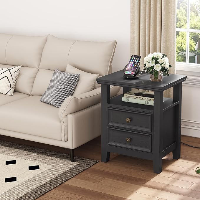 BOSHIRO Black Nightstand with Charge Station,Sofa End Sid Table with 2 Drawers & Storage Shelf,Bed Side Table with USB Ports & Outlets for Bedroom，Home Office - Image 5