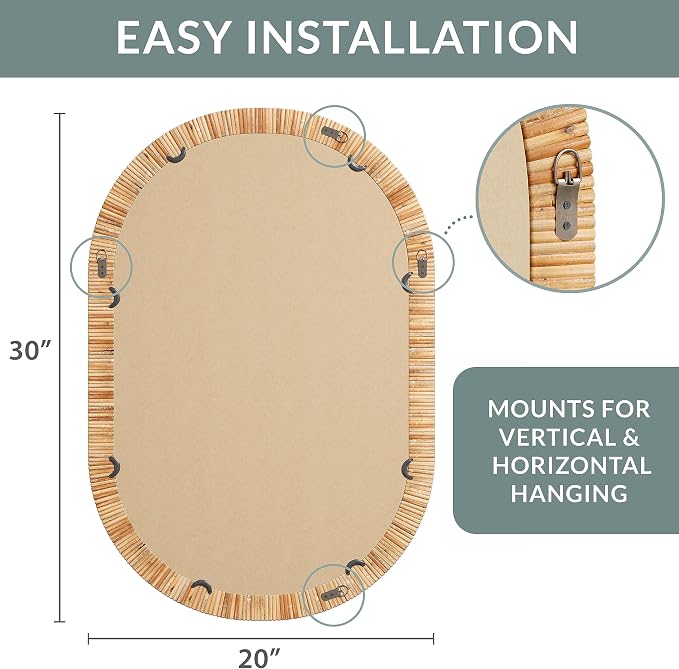Barnyard Designs Oval Rattan Wall Mirror, Natural Tan Woven Rattan Frame, Indoor Decorative Mirror for Bedroom Living Room Entryway (20" x 30", Oval) - Image 6