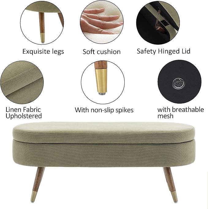 IAFIKE Oval Storage Bench 43.5" Ottoman Bench Upholstered Boucle Fabric Footrest Bench with Golden Metal Legs End of Bed for Bedroom, Living Room, Entryway,Bed Side (Green) - Image 4
