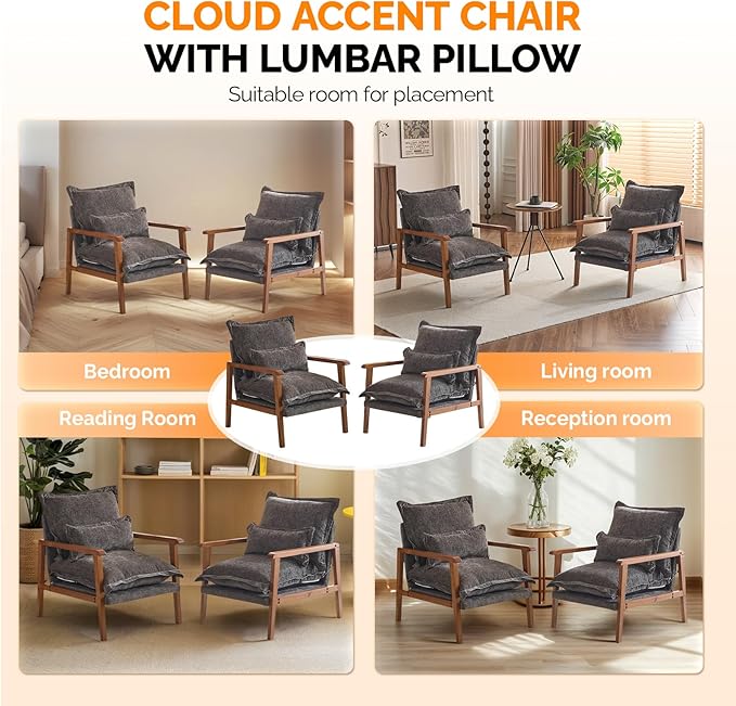 VINGLI Mid-Century Modern Cloud Accent Armchairs Set of 2 with Lumbar Pillow, 6.3'' Thick Seat Cushion Reading Chairs with Wooden Armrests, Boho Lounge Chair for Bedroom, Living Room, Chenille, Grey