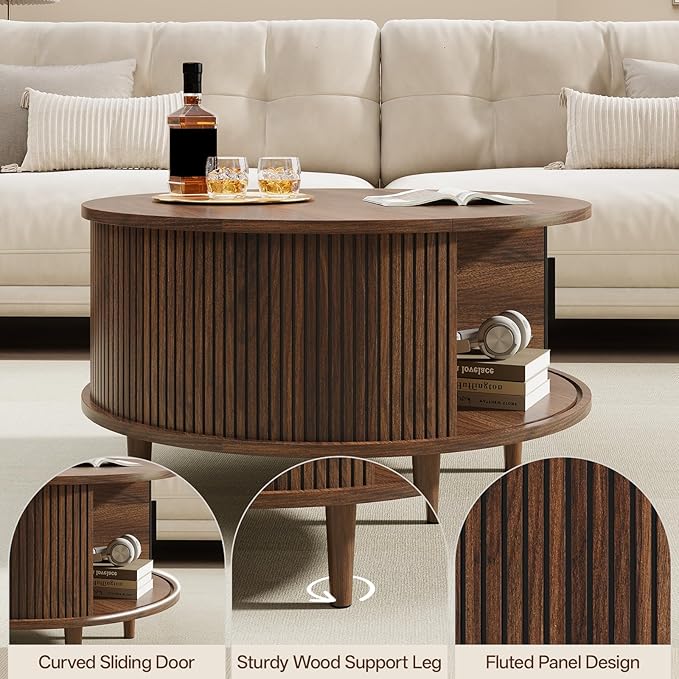 Round Coffee Table with Storage, Mid Century Modern Coffee Table, Fluted Dining Table with Sliding Door, Circle Coffee Table for Living Room Home Office, 31.5", Walnut