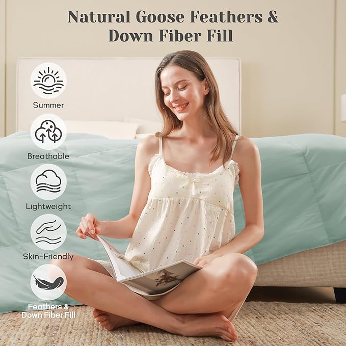 Joysoul Goose Feathers Fiber Comforter - Lightweight Ultra Soft Fabric Cover Breathable White Down Feather Fill, Light Green California King Size Duvet Insert (108" X 94")