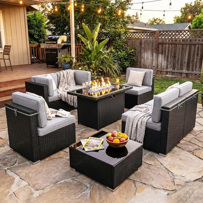 8 Pieces Patio Furniture Set with 44" Propane Gas Fire Pit Table, Outdoor Sectional Wicker Conversation Sofa Sets with Coffee Table
