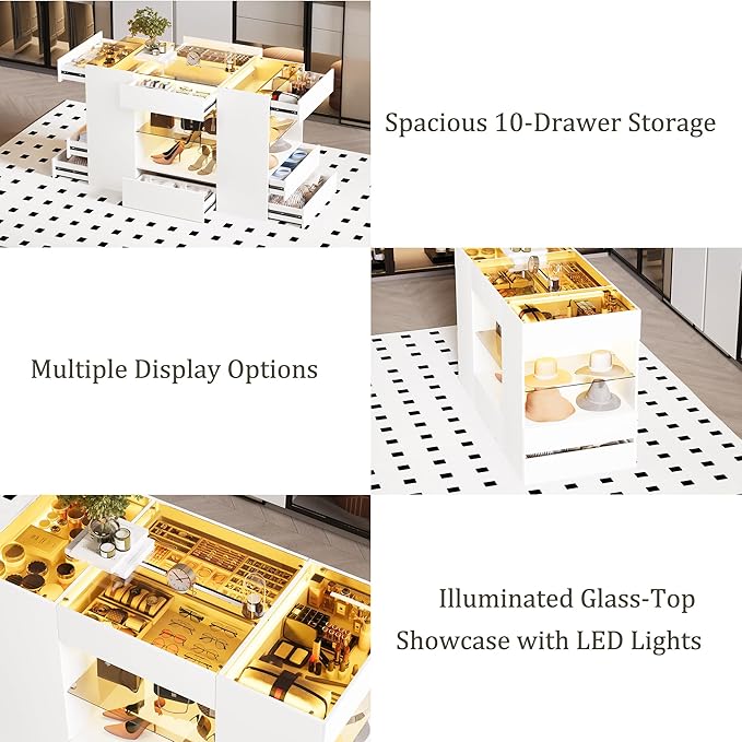Kikihouse Modern Closet Island with 10 Drawers, LED Wardrobe Armoire Island with Glass Top, Luxury Walk-in Closet Island Storage Cabinet with Display Shelf for Cloakroom (White+Amber Glass)