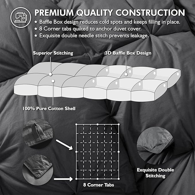 Luxurious Goose Down Feather Fiber Comforter California King Size All-Season Duvet Insert, Premium Baffle Box, 108 X 98 INCHES, 100% Egyptian Cotton Cover, 85 oz Fluffy Fill Weight - Gray Pinch Pleat