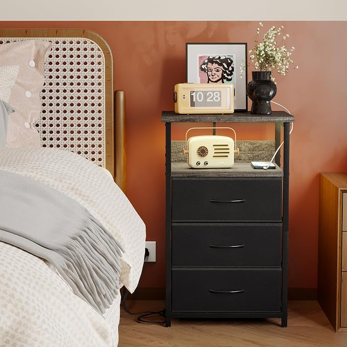 Fixwal Night Stand with Charging Station, LED Nightstand with U-S-B Ports and Outlets, 3 Fabric Storage Drawers with PU Finish, Bed Side Table, Charcoal Gray - Image 8