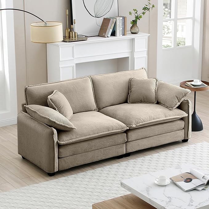 KEIKI 81" Oversized Corduroy Modular Sectional Loveseat Sofa with High-Density Foam Cushions, Removable Armrests, Upholstered Modern 2-Seater Fluffy Corner Couch with 4 Pillow, for Living Room, Tan