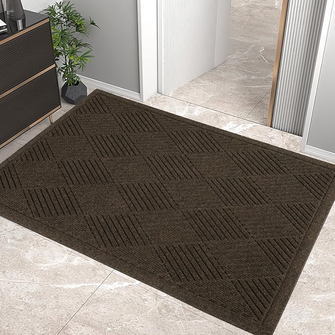 HIYARD Sturdy Front Door Mat, Absorbent Muddy Dirt Resist Welcome Door Mats Outdoor Indoor, Stain and Fade Resistant, Non-Slip Rubber Backing Low Profile Doormat for Entryway, 47×32, Brown by HIYARD