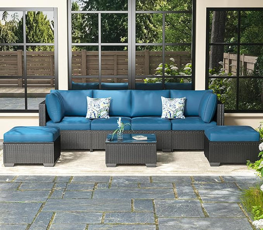 AECOJOY 7 Piece Outdoor Patio Furniture Set, Outdoor Sectional Conversation Furniture Chair with Coffee Table, Patio Sectional for Backyard, Garden(Peacock Blue Cushion and Black Rattan)