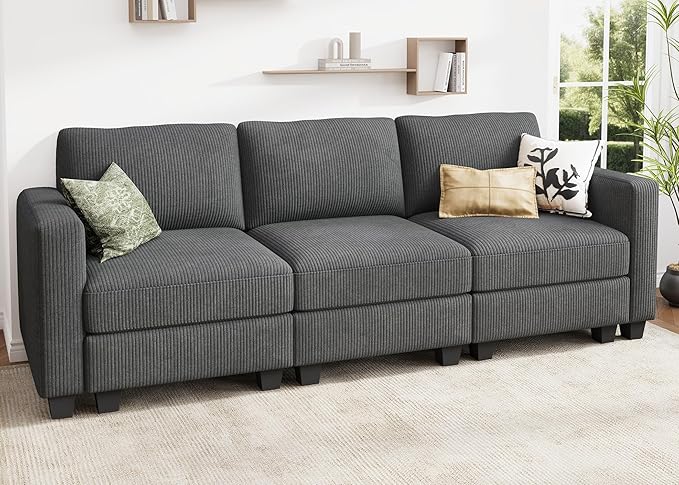 HONBAY 97'' Sectional Sofa, 3 Seaters Modular Sofa, Comfy Corduroy Pet Friendly Fabric for Small Space,Living Room, Grey