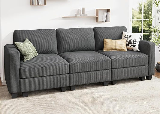 HONBAY 97'' Sectional Sofa, 3 Seaters Modular Sofa, Comfy Corduroy Pet Friendly Fabric for Small Space,Living Room, Grey