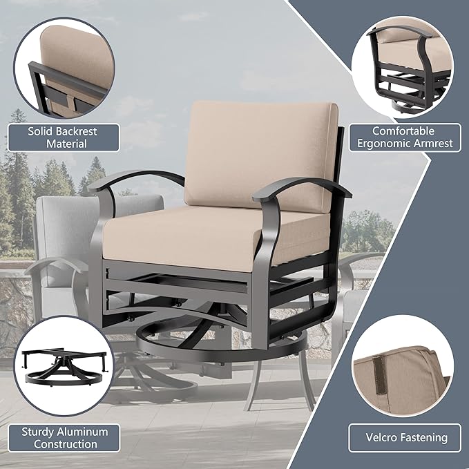 Aluminum Outdoor Patio Furniture Set,7 Seats Patio Conversation Sets with Rectangular Coffee Table,Metal Patio Sectional Furniture Set with 2 Swivel Rocking Chairs,Sand