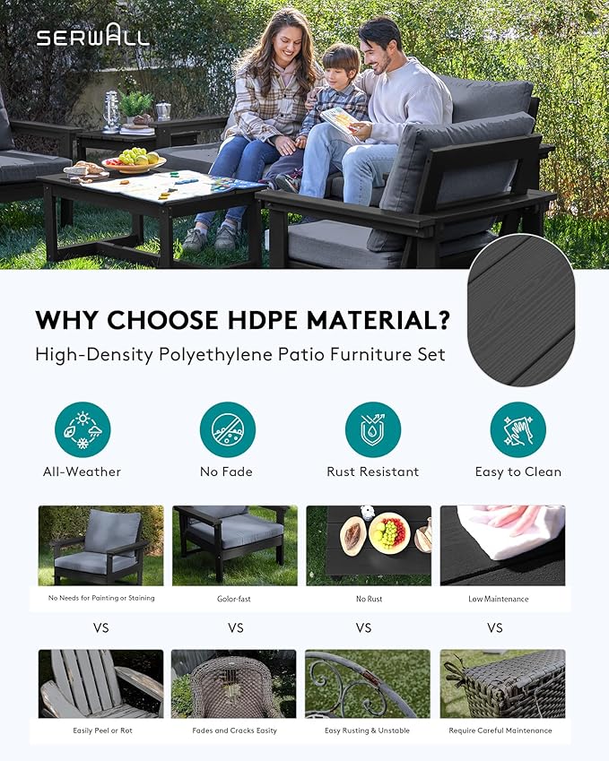 SERWALL HDPE Patio Furniture Set with 15FT Patio Umbrella, 7-piece Outdoor Sectional Sofa Set, All Weather Patio Couch Set for Deck, Black & Grey(Umbreall Base not Included)