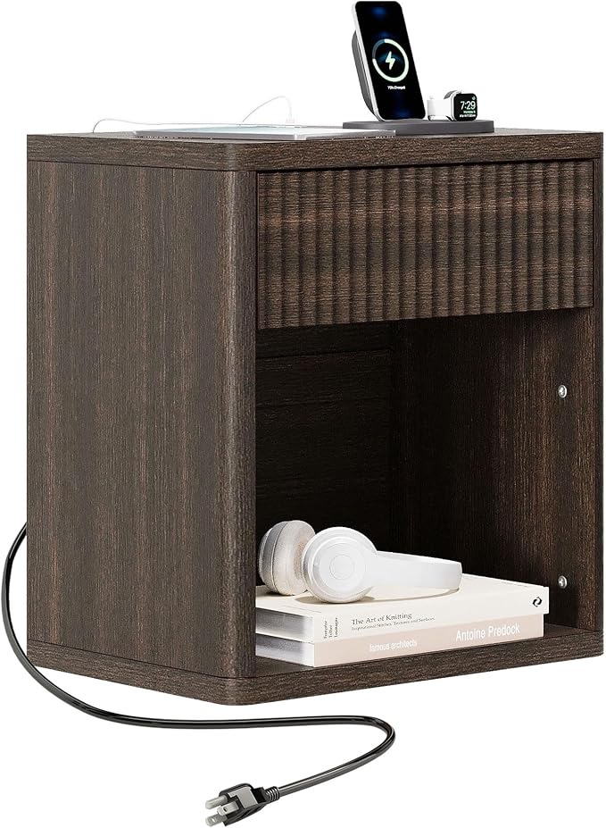 Fluted Nightstand with Drawer Bed Side Table Wide End Table Modern Night Stands with Large Storage Charging Station Mid Century for Bedroom Living Room Office,Walnut by TROJMHome