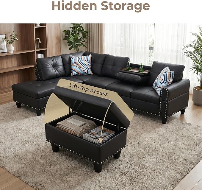 Leather 3-Piece L-Shaped Couches for Living Room, Sectional Sofa with Storage Ottoman & Movable Chaise, Modular Convertible Couch for Bedroom & Apartment, Deep Black