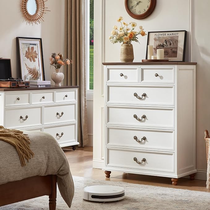 Joaxswe Farmhouse 6 Drawer Dresser Set of 2 for Bedroom, 42" Tall Rustic Chests of Drawers w/ 4 Solid Wood Feet, Mid Century Vintage Wooden Closet Storage Dressers Organizer for Living Room,White - Image 3