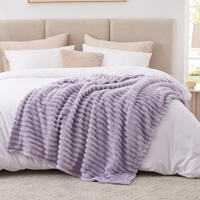EXQ Home Fleece Blanket Twin Size for Couch or Bed - 3D Stripe Jacquard Decorative Blankets - Cozy Soft Lightweight Fuzzy Flannel Blanket Suitable for All Seasons(60"??80",Light Purple)