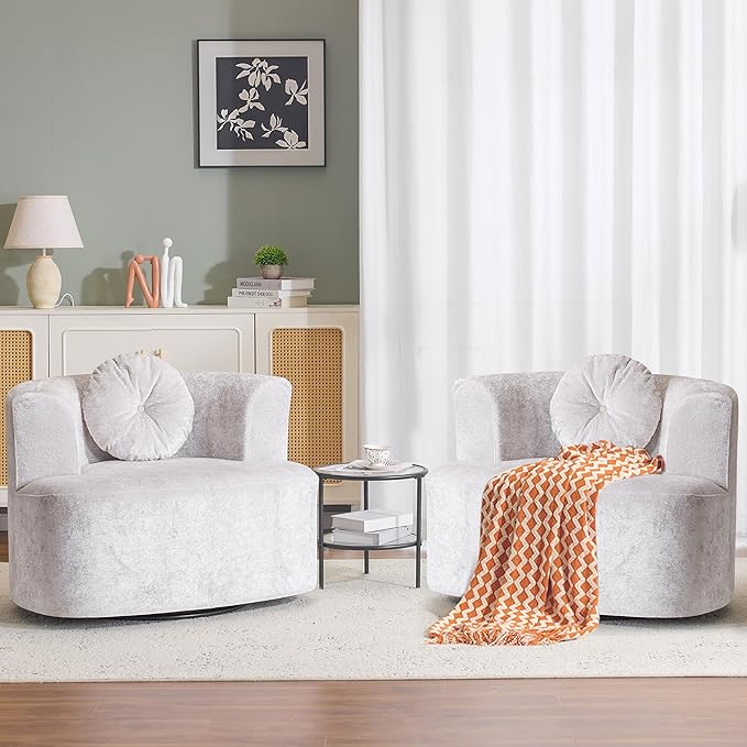 Oversized Swivel Barrel Chairs Set of 2,Modern Curved Back Single Sofa Chair, Comfy All-Foam Compression Upholstered Round Armchair with Pillow,Cozy Chenille Accent Chair for Living Room(Beige)