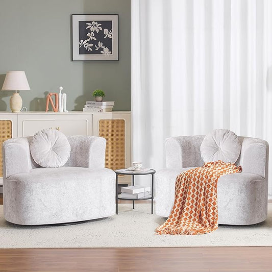 Oversized Swivel Barrel Chairs Set of 2,Modern Curved Back Single Sofa Chair, Comfy All-Foam Compression Upholstered Round Armchair with Pillow,Cozy Chenille Accent Chair for Living Room(Beige)