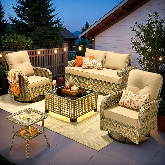 ovios 6 Piece Patio Sectional Furniture with Swivel Rocking Chairs, Rattan Wicker Coversation Set with Glowing Coffee Table, Outdoor Sofa Set for Outside Porch Balcony Backyard Pool, Beige