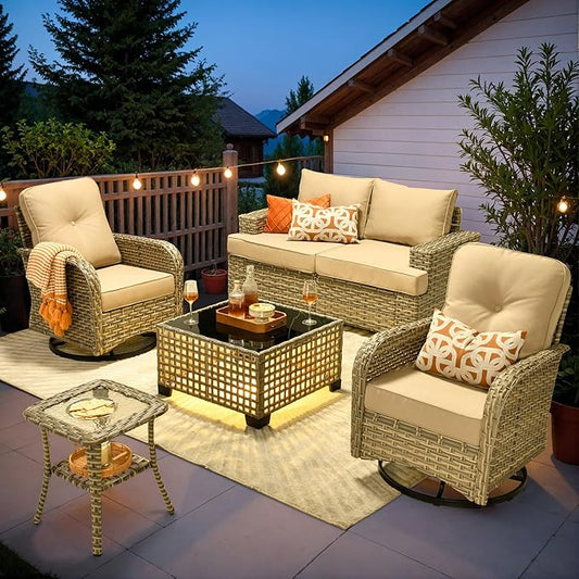 ovios 6 Piece Patio Sectional Furniture with Swivel Rocking Chairs, Rattan Wicker Coversation Set with Glowing Coffee Table, Outdoor Sofa Set for Outside Porch Balcony Backyard Pool, Beige