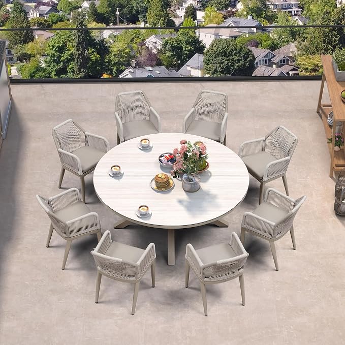 PURPLE LEAF 9 Pieces Patio Round Dining Set Aluminum Round Table and Rattan Arm Chairs with Cushions for Kitchen Porch Garden Modern Outdoor Furniture Sets, Champagne - Image 2
