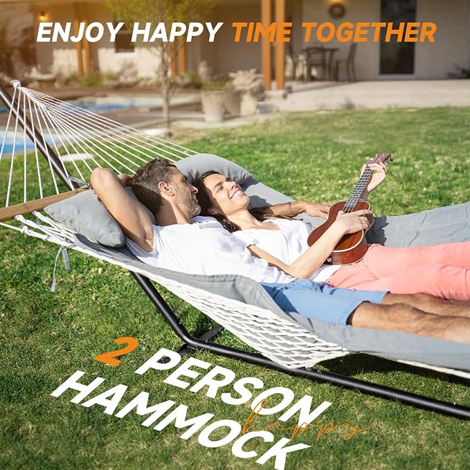 Everyfun 2 Person Outdoor Hammock with Stand, Cotton Rope Hammock with Polyester Pad, Adjustable Steel Frame, Portable with Carrying Bag – for Patio, Backyard, Garden, Beach,Dark-Gray - Image 3