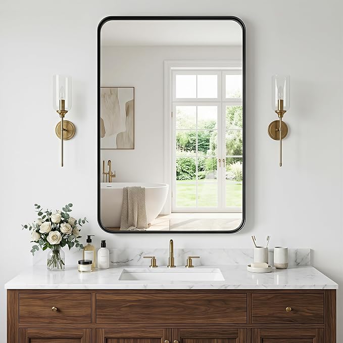 Suidia Bathroom Mirror, 24" x 36" Wall Mirror Metal Framed, Bathroom Vanity Mirror for Living Room Bedroom Bathroom Entryway, Black, Rounded Corner Style - Image 4
